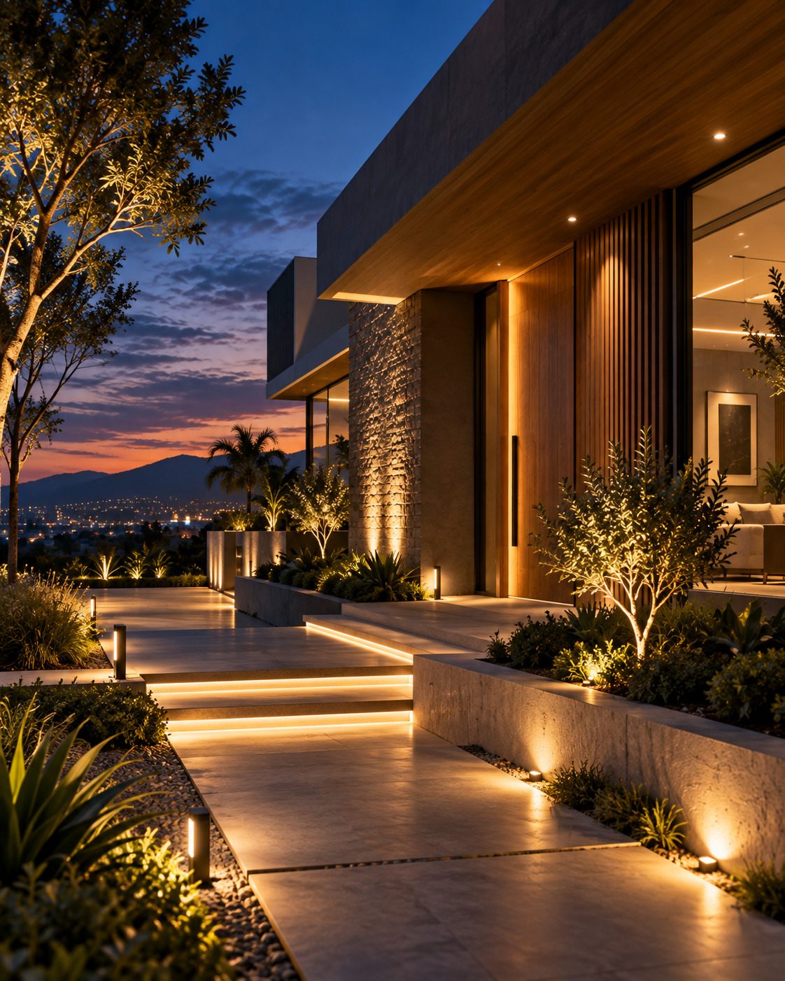 Acceso a una vivienda contemporánea en hora azul: camino de losas con escalones iluminados, muro de piedra junto a la puerta, jardín con árboles iluminados y la ciudad al fondo bajo el atardecer