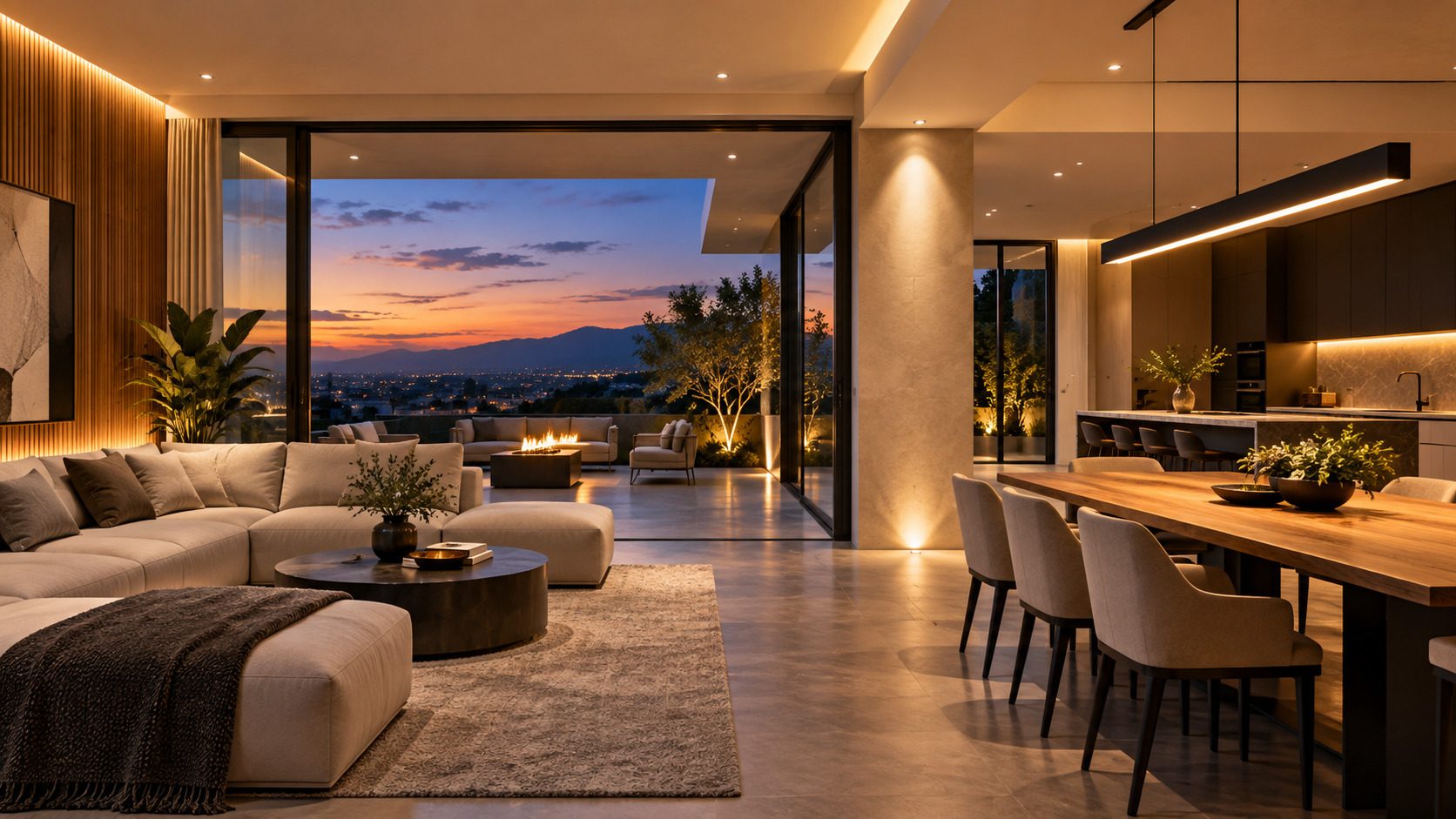 Salón, comedor y cocina en planta abierta al anochecer, con un muro de lamas de madera, una columna de piedra y una terraza abierta hacia la ciudad y las montañas