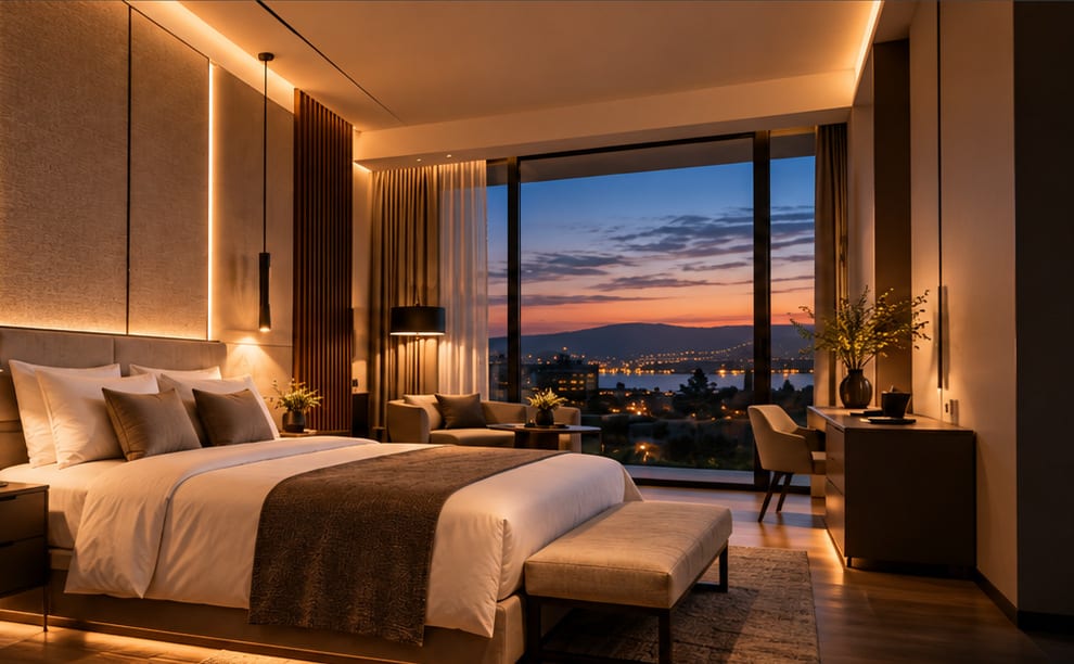 Suite de hotel contemporánea de noche con cuatro capas de luz: cornisa oculta sobre el cabecero, luz de lectura dirigida, acento sobre el panel texturado y luz de cortesía bajo la plataforma de la cama