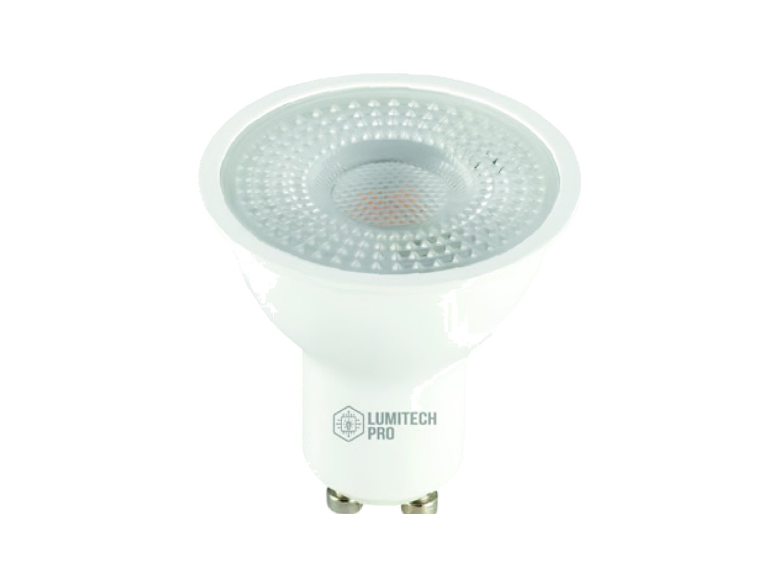 Lámpara LED GU10 de cuerpo blanco con lente facetada y casquillo de dos pines, vista frontal sobre fondo claro