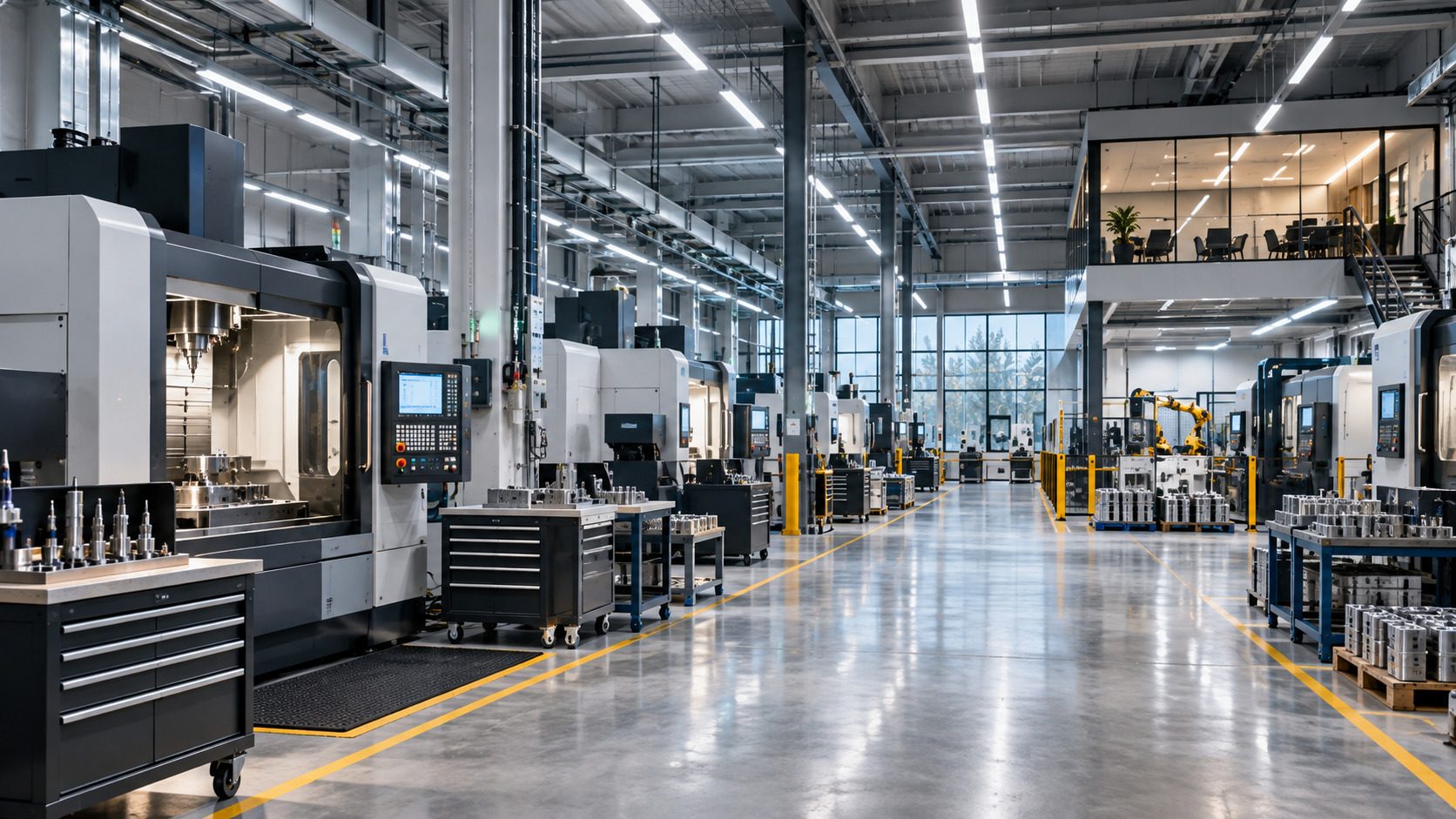 Sala de producción con celdas CNC iluminada por líneas continuas de luminarias LED, con distribución uniforme sobre el plano de trabajo y los reflejos de cada línea en el pavimento epóxico