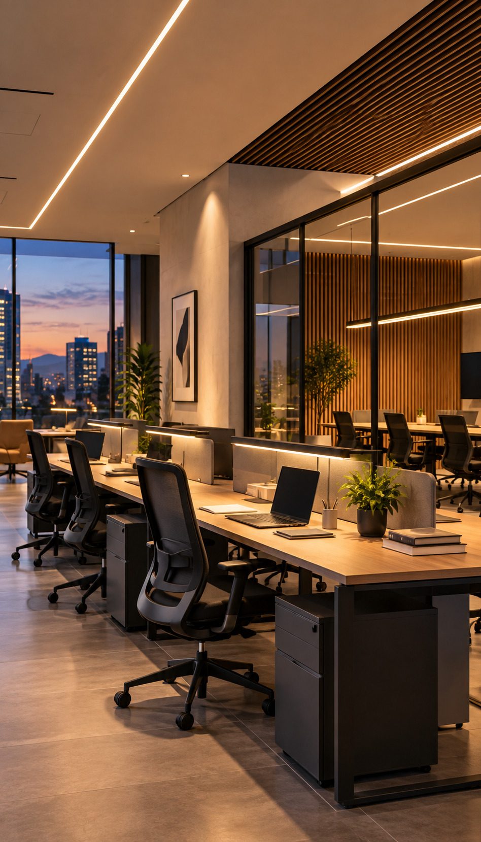 Oficina en planta abierta al anochecer con luminarias lineales empotradas sobre las filas de puestos, iluminación uniforme sobre el plano de trabajo y la ciudad en hora azul al fondo