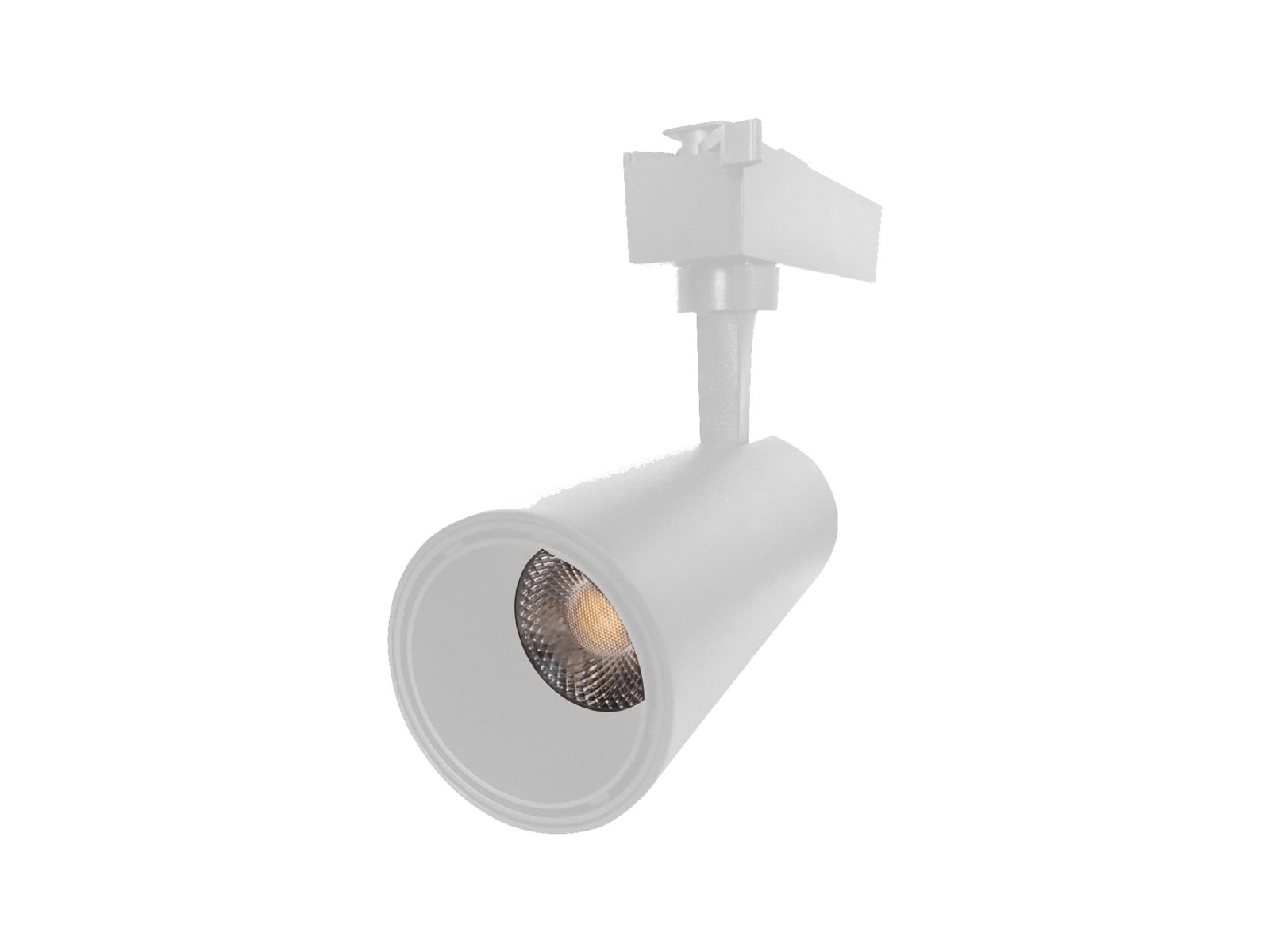 Proyector Track Light LED de cuerpo cilíndrico blanco con pieza de fijación superior y lente encendida, vista de tres cuartos sobre fondo claro