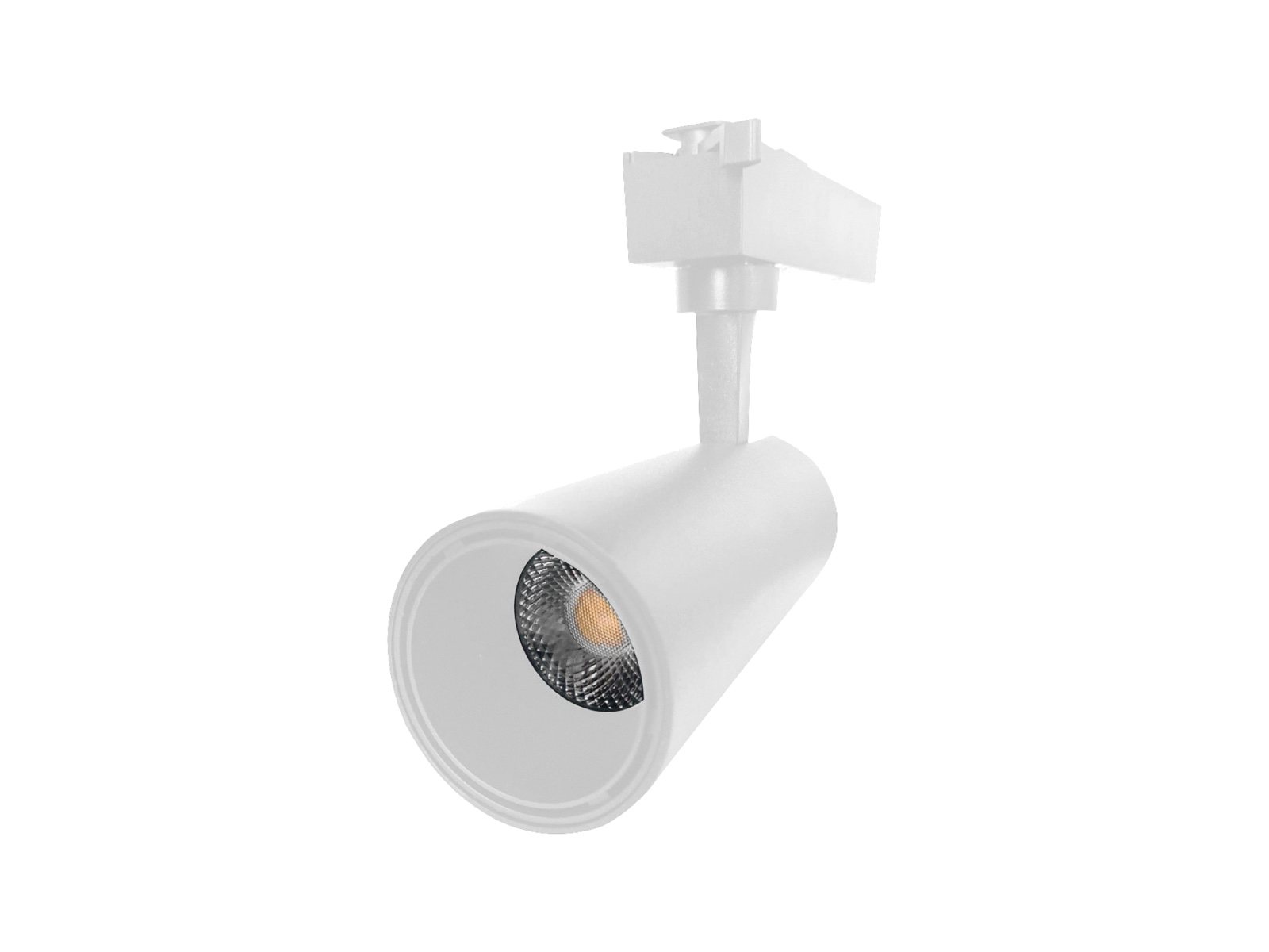 Proyector Track Light LED de 30 W con cuerpo cilíndrico blanco, pieza de fijación superior y lente encendida, vista de tres cuartos sobre fondo claro