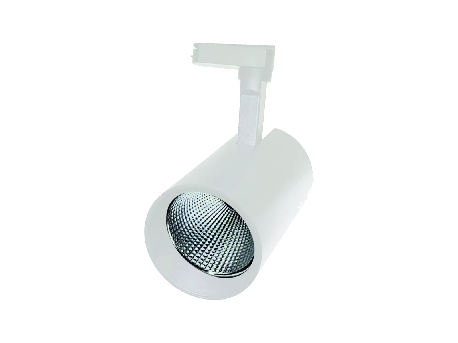 Cuerpo Track Light blanco para lámpara PAR30, con brazo orientable y adaptador de riel, visto de tres cuartos sobre fondo claro